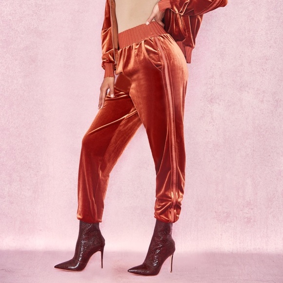 House of CB London Velour Track Sporty Chic Joggers in Rust Orange Size Small - Picture 1 of 12